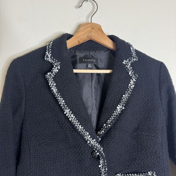 Talbots Jacket Womens 4 Black White Tweed Blazer Sequin Trim Pockets Button - Picture 2 of 10